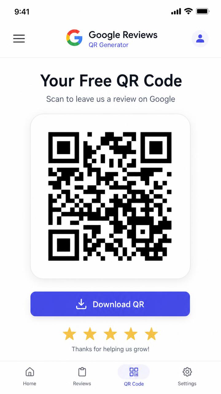 OfferVas Free app screen showing a generated Google review QR code with a download button